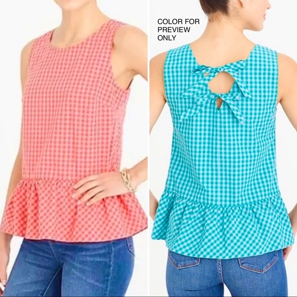 J.CREW Peplum Coral Gingham Sleeveless Bow Top - Picture 2 of 7